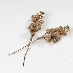 Pair of festive golden glitter berry picks for DIY Christmas wreath and holiday decoration