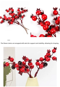 Detail of red artificial berries with flexible iron wire stem for Christmas DIY decor