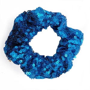 Sparkling blue sequined hair scrunchie for women with elastic band and shiny finish