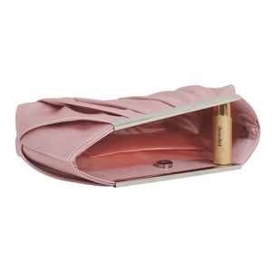 Pink pleated satin evening clutch with silver metal frame and magnetic closure detail