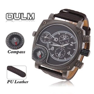 Detail of Oulm sports watch featuring compass dial and black PU leather strap texture