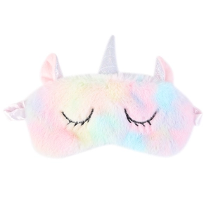 Plush rainbow unicorn sleep mask made of soft material for light blocking comfort