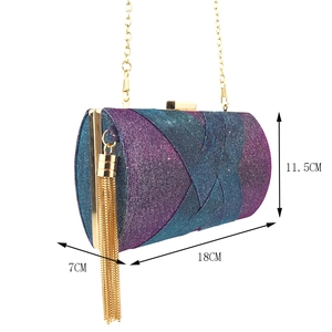 Dettagli della borsa da sera cangiante blu-viola con misure 18cm x 7cm x 11,5cm