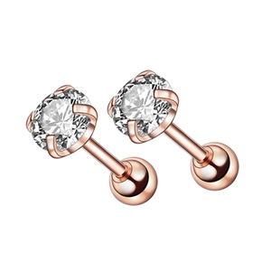 Rose gold stainless steel stud earrings with round cubic zirconia and screw ball backs
