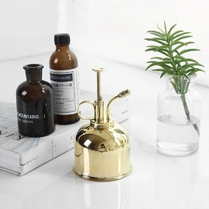 Macro shot of Nordic style golden stainless steel plant mister on white marble surface
