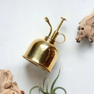 Close-up of a vintage style golden brass plant mister on a textured stone surface