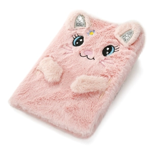 Pink plush cat notebook with cute embroidery and 3D ears on a white background