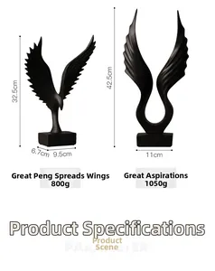Detailed size parameters of black resin eagle wing sculptures for home decor