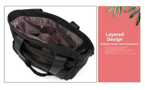 Detail view of the black nylon tote bag interior showing multiple layered storage compartments