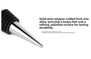 Detail of 304 stainless steel wine stopper with black rubber seal rings and solid core
