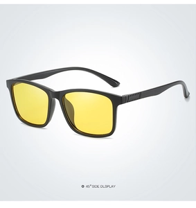 Detailed 45-degree side view of classic black TR frame sunglasses with yellow night vision lenses
