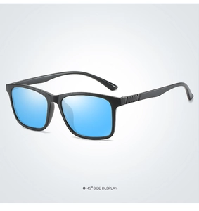 Classic black TR frame sports sunglasses with blue polarized lenses 45-degree side view