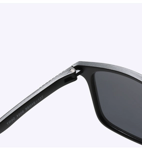 Detailed close-up of TR90 sunglasses hinge and inner temple with size specifications