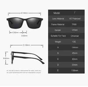 Detailed size chart for TR90 polarized sport sunglasses showing lens and frame dimensions