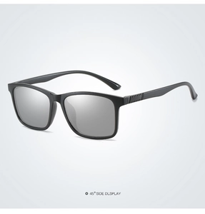 Detail view of matte black TR polarized sunglasses with silver mirrored lenses at 45-degree angle