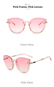 Cat eye sunglasses with transparent pink frames and gold metal temple detail view