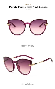 Front and side views of purple cat eye sunglasses with gradient lenses and gold accents