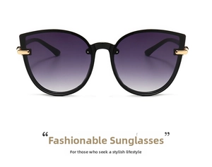Detailed view of cat eye sunglasses featuring purple gradient lenses and gold accents