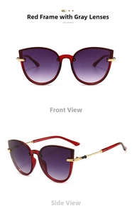 Detailed front and side views of red cat-eye sunglasses with gradient grey lenses