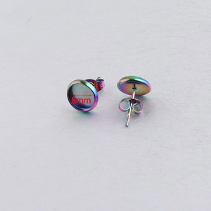 Detail of 8mm rainbow stainless steel earring base with a polished metallic finish