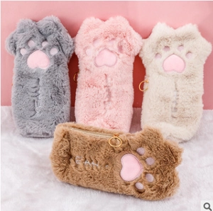 Estuche Para Lápices Con Forma De Pata De Gato Peluche Suave Gran Capacidad Bolsa De Almacenamiento Papelería Estudiantes