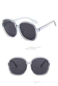 Detailed views of grey oversized sunglasses with transparent frames and metal hinges