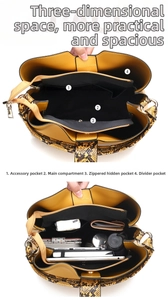 Detailed interior of yellow and snake print handbag showing large storage compartments