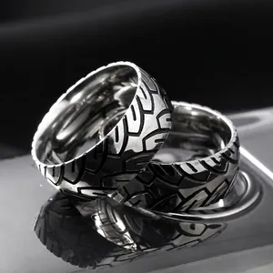 Mens 8mm vintage titanium steel ring set with black carbon ion tire tread patterns