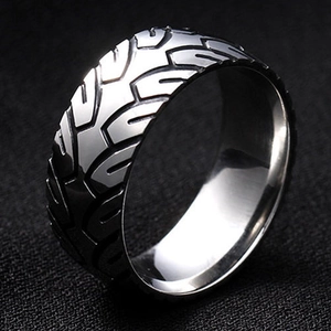 8mm men's vintage tire tread ring in carbon black and silver stainless steel