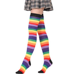 Detailed texture of rainbow striped over-knee socks with knit patterns and black trim