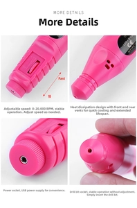 Detail view of pink electric nail drill with adjustable speed knob and USB power port