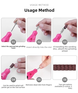 Detailed six-step guide showing assembly and use of portable electric pink nail drill set