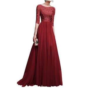 Elegant wine red lace long-sleeved evening gown with a flowing pleated mesh skirt