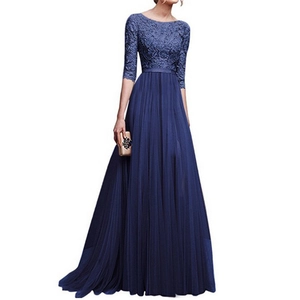 Elegant dark blue long evening gown with lace bodice and pleated mesh skirt