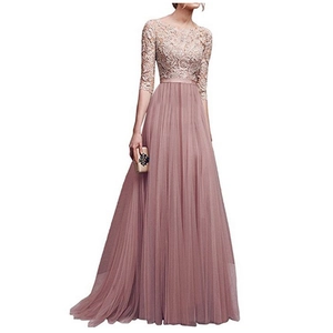 Elegant dusty rose long-sleeve evening gown with lace bodice and pleated chiffon skirt