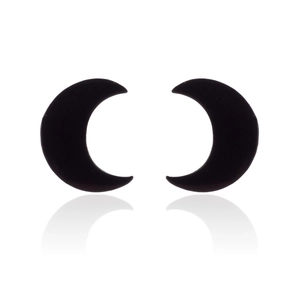 Minimalist black crescent moon stud earrings in stainless steel on white background