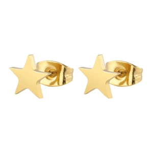 Macro view of gold pentagram star stud earrings in polished stainless steel finish
