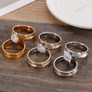 Edelstahl Ring Vergoldet Zweifarbig Gestreift Runde Zirkonia Krappenfassung Schmuck Damen Herren