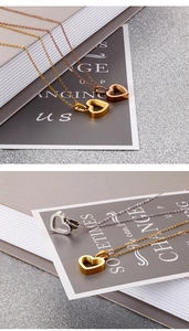 Detailed view of hollow heart pendants in gold, rose gold, and silver stainless steel