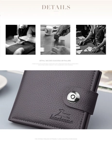 Detail of lychee pattern leather wallet featuring vintage metal buckle and embossed logo