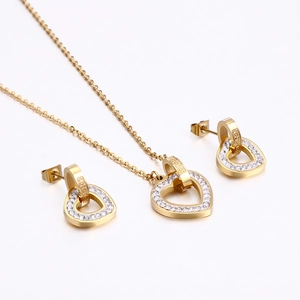 Stainless Steel Heart Necklace And Earrings Rhinestone Forever Love Engraved Double Ring Jewelry For Women