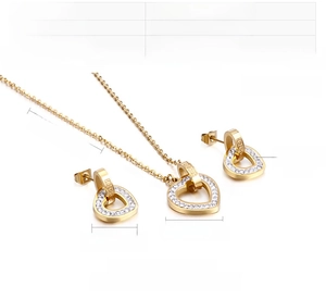 Detailed size specifications for heart pendant necklace and earring set in gold finish