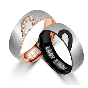 Titanium steel couple rings with I LOVE YOU engraving and heart shaped crystal inlay