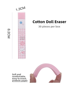 Flexible pink rectangular eraser with cotton doll pattern showing soft material bending