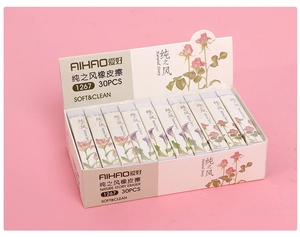 Box of 30 soft colorful student erasers featuring minimalist pastel design and clean erasing