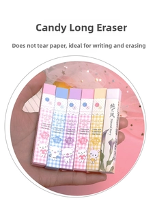 Detail of candy-colored rectangular erasers with cute cartoon animal and floral prints