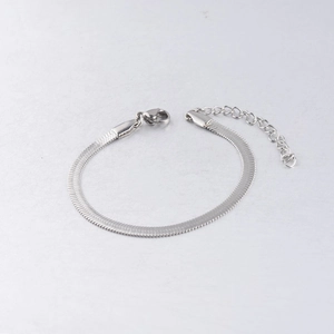 Detailed macro view of the silver stainless steel flat snake chain with lobster clasp
