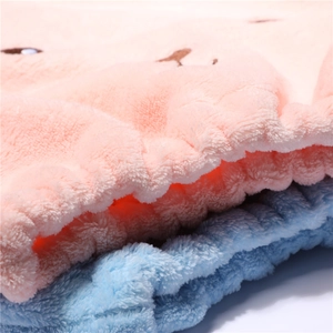 Pink and blue coral fleece bear hair drying hats with soft microfiber absorbent texture