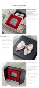 Detail view of 16 preserved red roses in a double-door jewelry gift box with a pink ribbon
