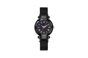 Detail of starry blue dial with Roman numerals and black Milanese magnetic mesh strap